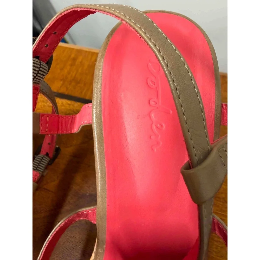 Boden Ruffle Ribbon Cork Wedge Sandals Taupe Pink Orange Size 41 EU 10 US
